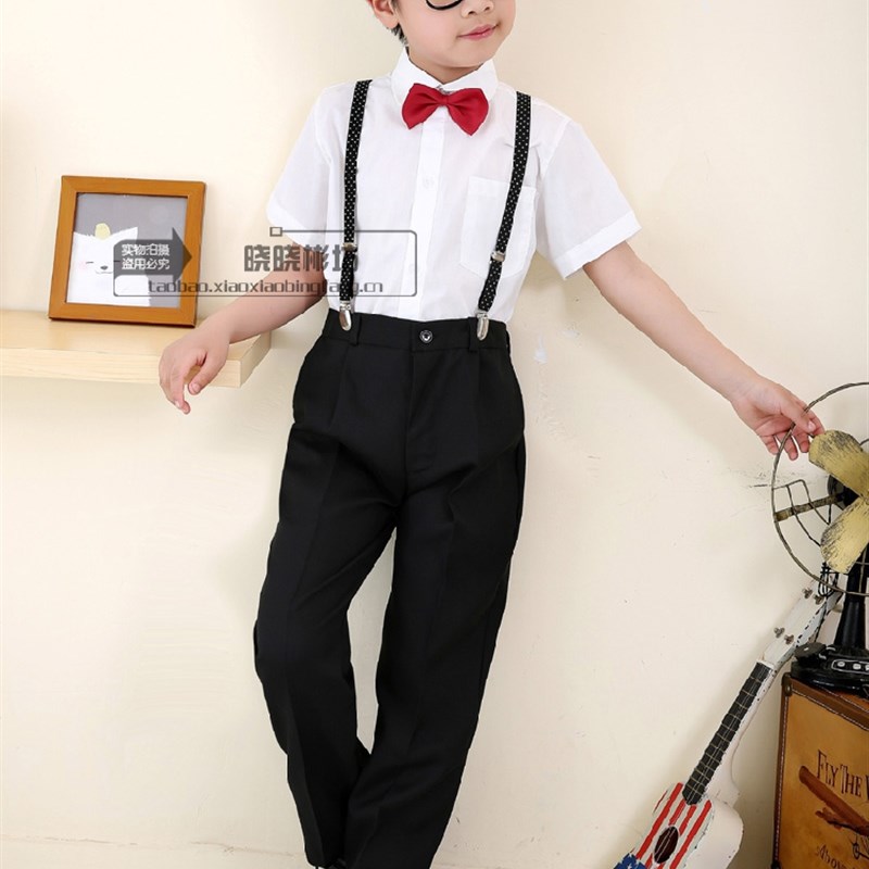 男童表演套装儿童背带西裤短袖白色衬衫西装黑色长裤花童演出服