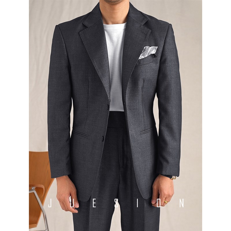 JUESION精纺10%羊毛那不勒斯西服套装男休闲商务新郎结婚礼两件套