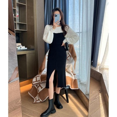 配大衣内搭毛衣裙秋冬女装中长款收腰显瘦气质打底白色针织连衣裙