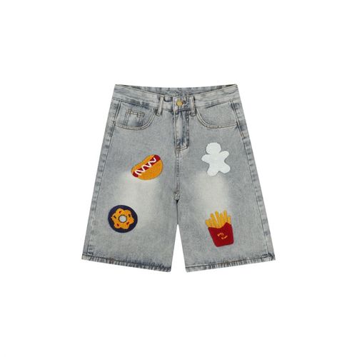 大码美式街头创意薯条热狗毛巾绣牛仔裤女宽松阔腿短裤直筒五分裤