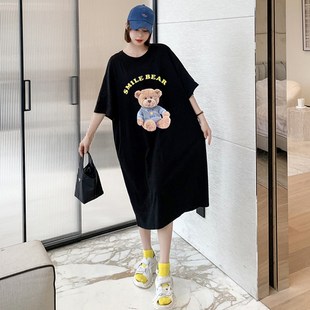 加肥加大码女装胖mm纯棉连衣裙宽松t恤裙女短袖显瘦中长款t长裙子