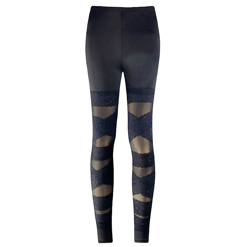 蕾丝加绒打底裤女秋冬假透肉网纱拼接紧身时尚黑色显瘦外穿九分裤