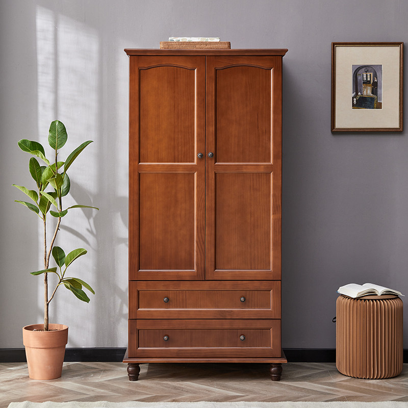 实木美式乡村小型两门衣柜家用卧室松木衣橱免安装小户型收纳柜