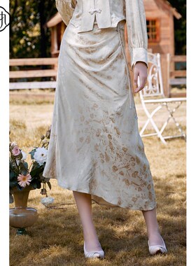 固执2025春季新款复古中式提花蝴蝶结中长款半身裙52233BQ08404