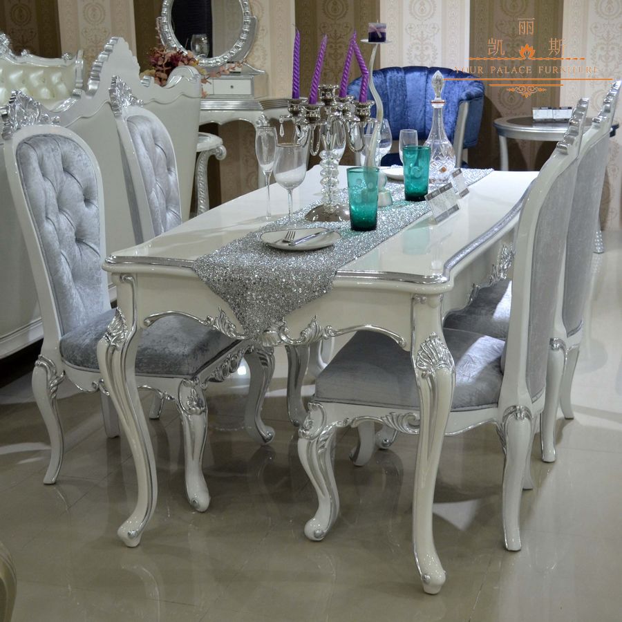 新古典实木长餐桌组合 欧式简约白色烤漆餐桌 订做酒桌饭桌银箔