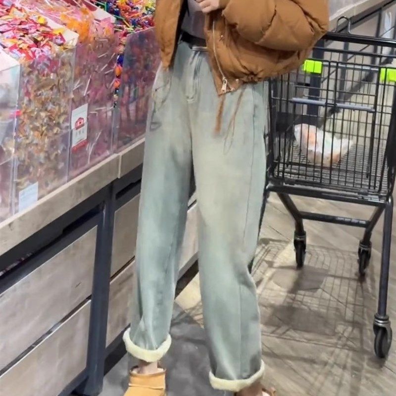 小个子加绒牛仔裤女浅蓝色加厚老爹裤冬高腰显瘦百搭窄版直筒长裤