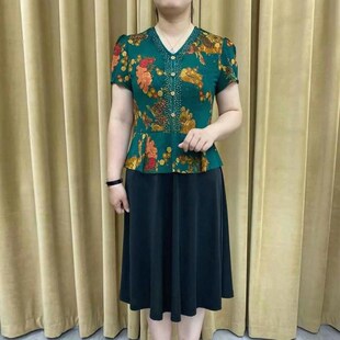 洋气拼接裙子带弹力 假两件2024年新款 中老年女夏装 妈妈连衣裙短袖