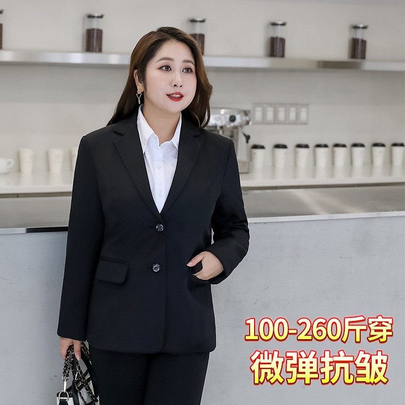 大码职业装大学生胖mm蓝色西服半身裙工装套装女200斤西装外套春