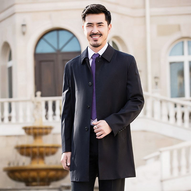 红都风衣男中年中长款羊毛翻领上班中国风后开叉男装风衣