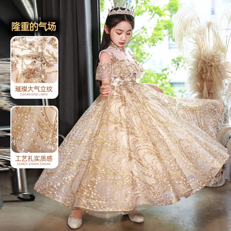 女童晚礼服高端金色亮片蓬蓬公主裙女孩婚纱主持人走秀钢琴演出服