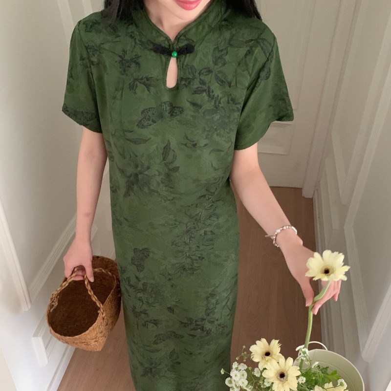 改良旗袍新中式可外穿棉绸加长款盘扣民国连衣裙短袖睡衣睡裙女夏