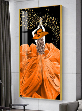 轻奢风人物装饰画橙色美女入户玄关挂画美容院服装店过道壁画单幅