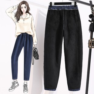 胖mm显瘦百搭松紧腰老爹裤 大码 2024年新款 女冬季 子 加绒哈伦牛仔裤