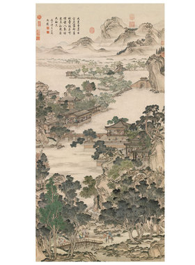 清张廷彦画登瀛洲图新中式装饰画山水画客厅沙发玄关茶楼挂画字画