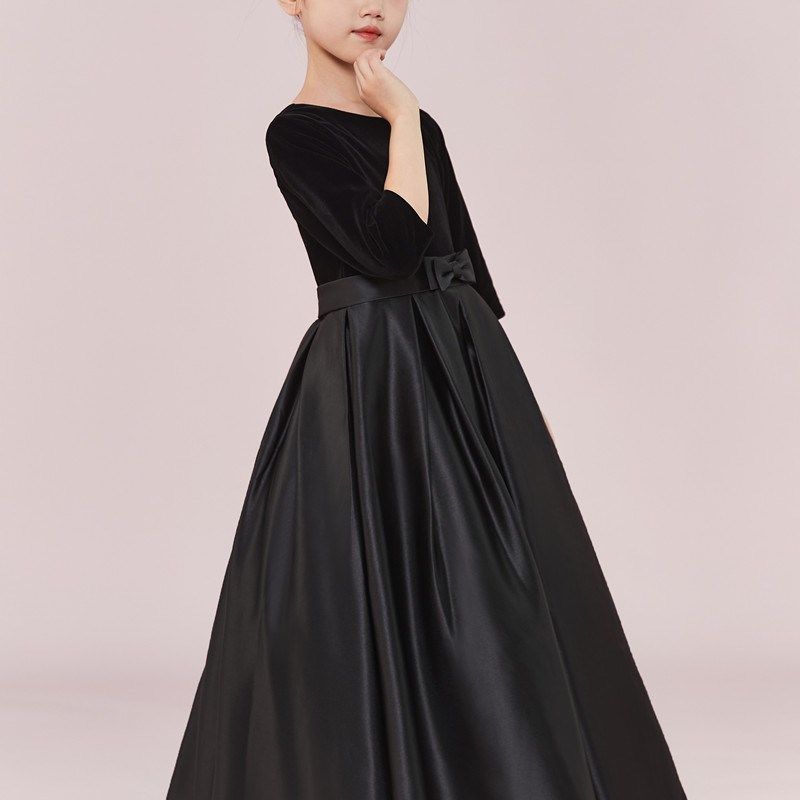 新款女童黑色修身礼服钢琴小提琴乐器演奏服元旦合唱团走秀裙秋冬