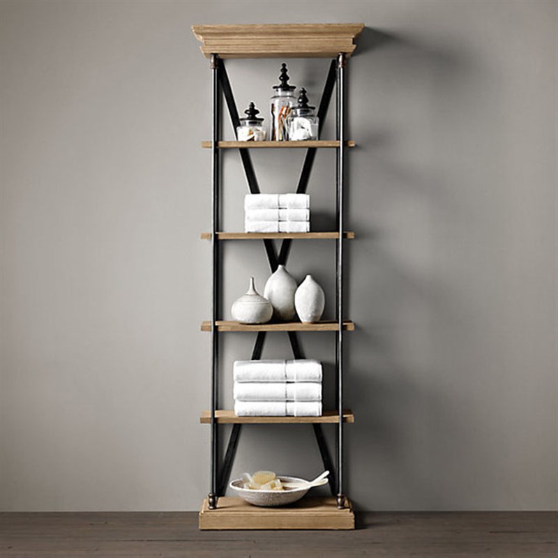 美式LOFT复古实木铁艺书架隔板置物架落地厨房层架书柜多层收纳架