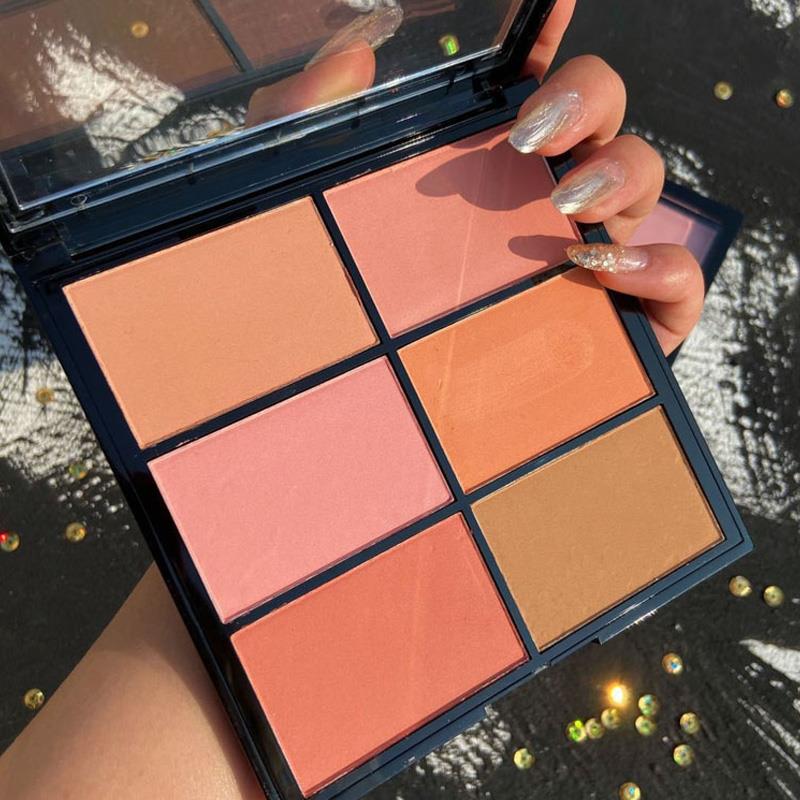 腮红盘高光修容一体盘六色化妆师专用裸妆自然哑光橘色灰粉色胭脂