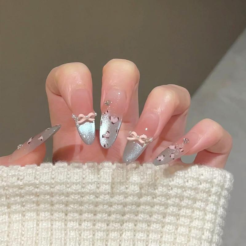 夏日新款冰蓝甜心豹纹法式猫眼美甲成品手工定制穿戴甲防水可拆卸