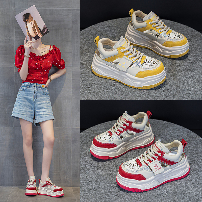 2526真皮休闲鞋女2025新款夏季新款轻便厚底运动鞋拼色透气