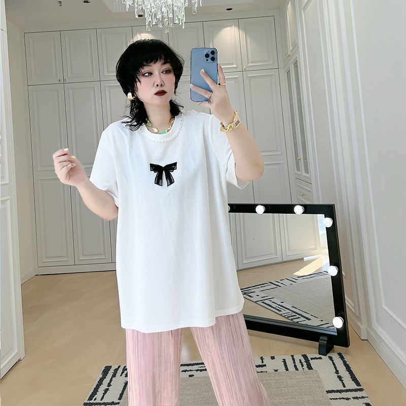 设计感圆领半袖T恤衫大码女装200斤胖mm别致百R搭藏肉小衫百搭上