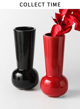 中古红色花瓶摆件高级感花器客厅插花婚房布置P装饰品结婚礼物婚