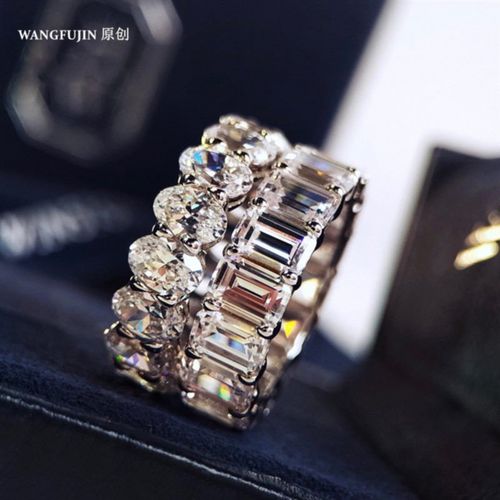满圈方形排钻戒指女高级感纯银冰糖莫桑石方糖指环时尚个性礼物潮