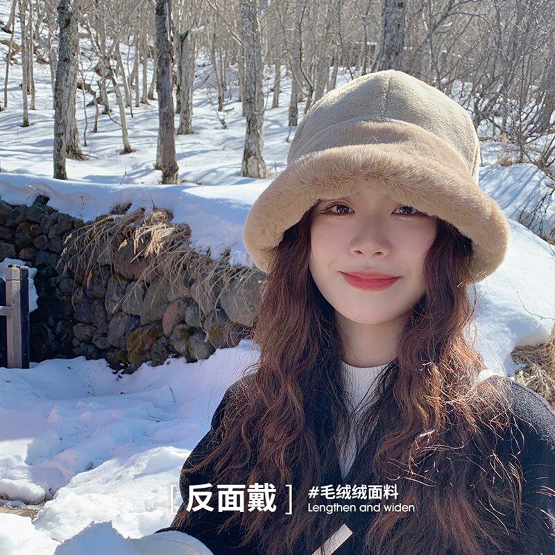 双面毛绒渔夫帽女2022新款冬季保暖显脸小百搭大头围秋冬水桶帽子