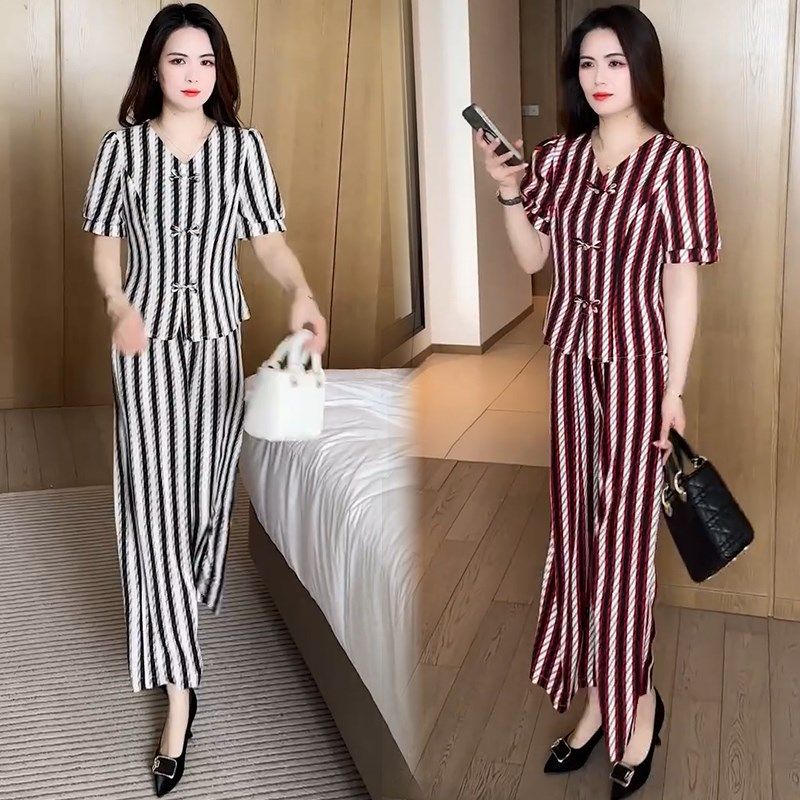 时尚条纹套装女夏季新款洋气质显瘦盘扣短袖阔腿裤减龄休闲两件套,女装/女士精品,时尚套装,淘宝优惠券,粉丝福利购,淘宝优惠卷
