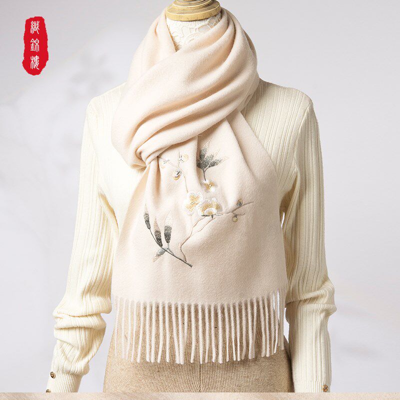 织锦楼绣花刺绣100%羊毛围巾围脖秋冬保暖外搭2024新款情侣送妈妈