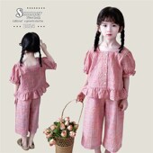 夏装 子套装 2024年新款 8岁洋气女童娃娃衫 裤 女孩短袖 格子2件套薄