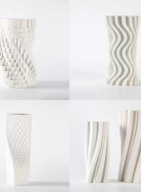 现代简约几e何水波纹白色旋转陶瓷花瓶摆件样板间客厅玄关餐厅装