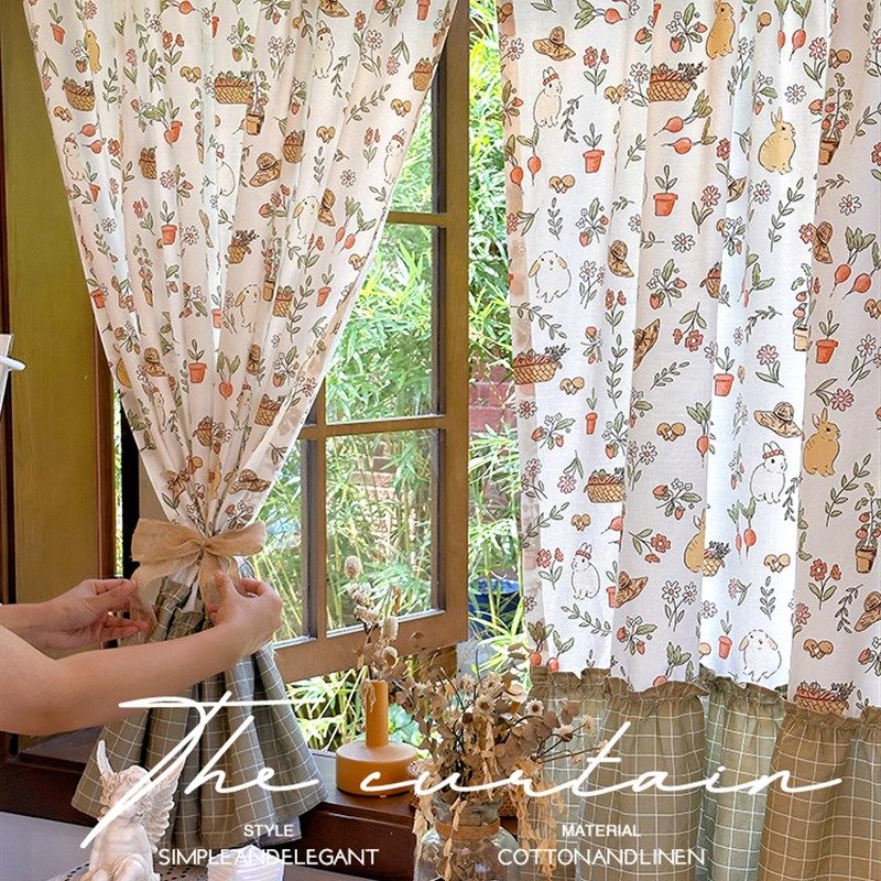 美式乡村复古法式小兔棉布印花小窗帘厨房咖啡帘阳台隔断门帘半帘