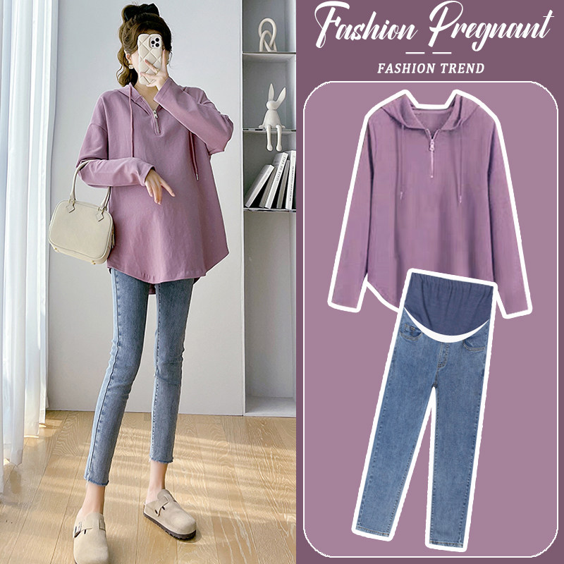 孕妇套装春秋2024新款时尚休闲连帽宽松长袖上衣牛仔裤外出两件套,孕妇装/孕产妇用品/营养,连衣裙,淘宝优惠券,粉丝福利购,淘宝优惠卷