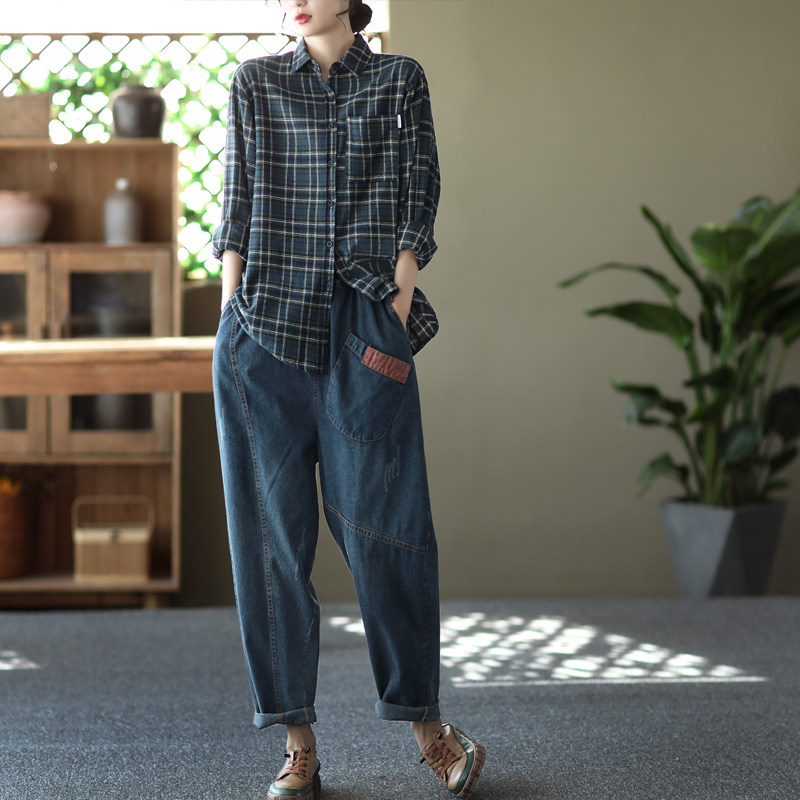 园园美衣春装新款全棉薄款水洗牛仔裤女文艺休闲T松紧腰哈伦长裤
