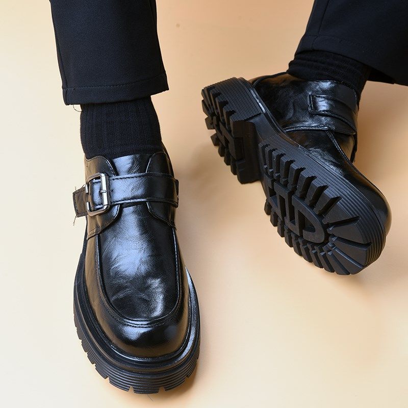 休闲皮鞋男士2024新款夏季婚礼黑色商务正装一脚蹬厚底德比鞋男款