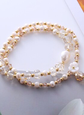 夏季新款时尚小众高级感轻奢文艺花朵水晶手串天然淡水珍珠手链女