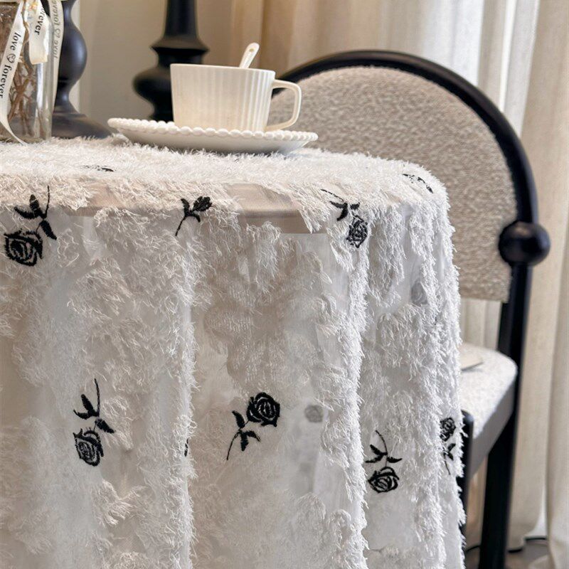 法式浪漫覆古黑色玫瑰刺绣绒毛须须高级感桌布中古风茶几盖巾装饰
