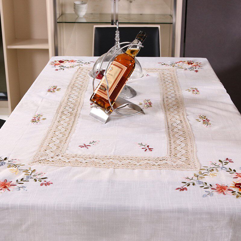 田园丝带绣花手工镂空餐桌布复古纯素色棉麻加大台布茶几布圆形布