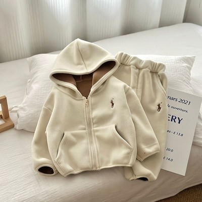 儿童双面摇粒绒套装男童秋冬加绒外套女童秋装一岁宝宝卫衣两件套