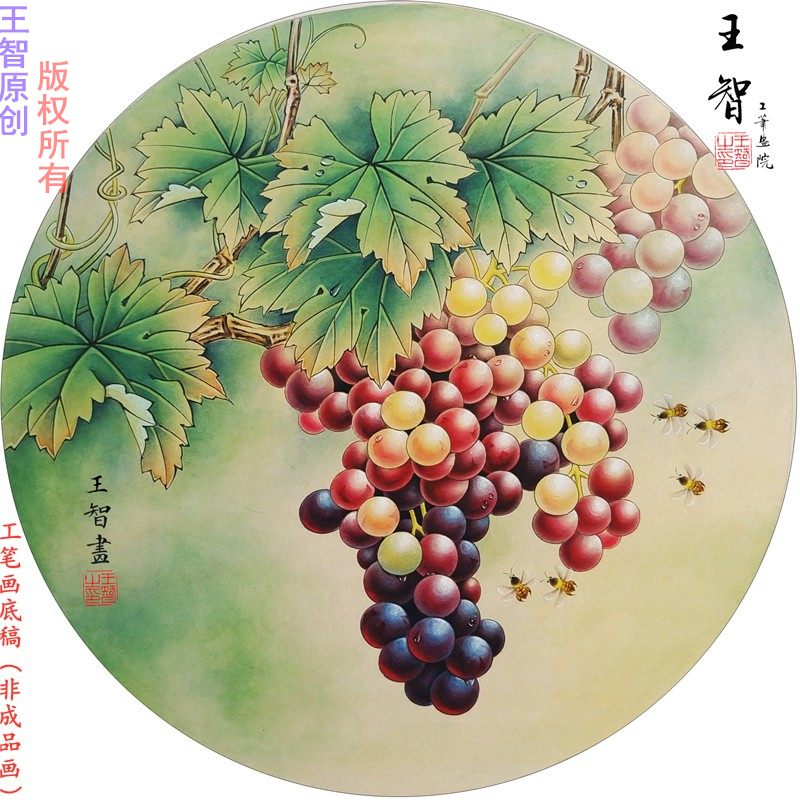 工笔画手勾熟宣线描可直接上色底稿国画初学者素材葡萄蜜蜂课程