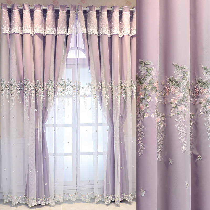 简约田园加厚布料绣花窗帘纯色全遮光窗帘客厅卧室阳台定制成品窗
