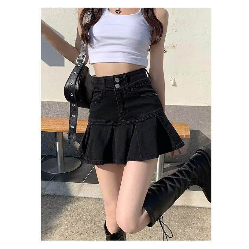 高腰短牛仔新款短款裙子垂感垂感字百褶半身裙A休闲裙春夏女