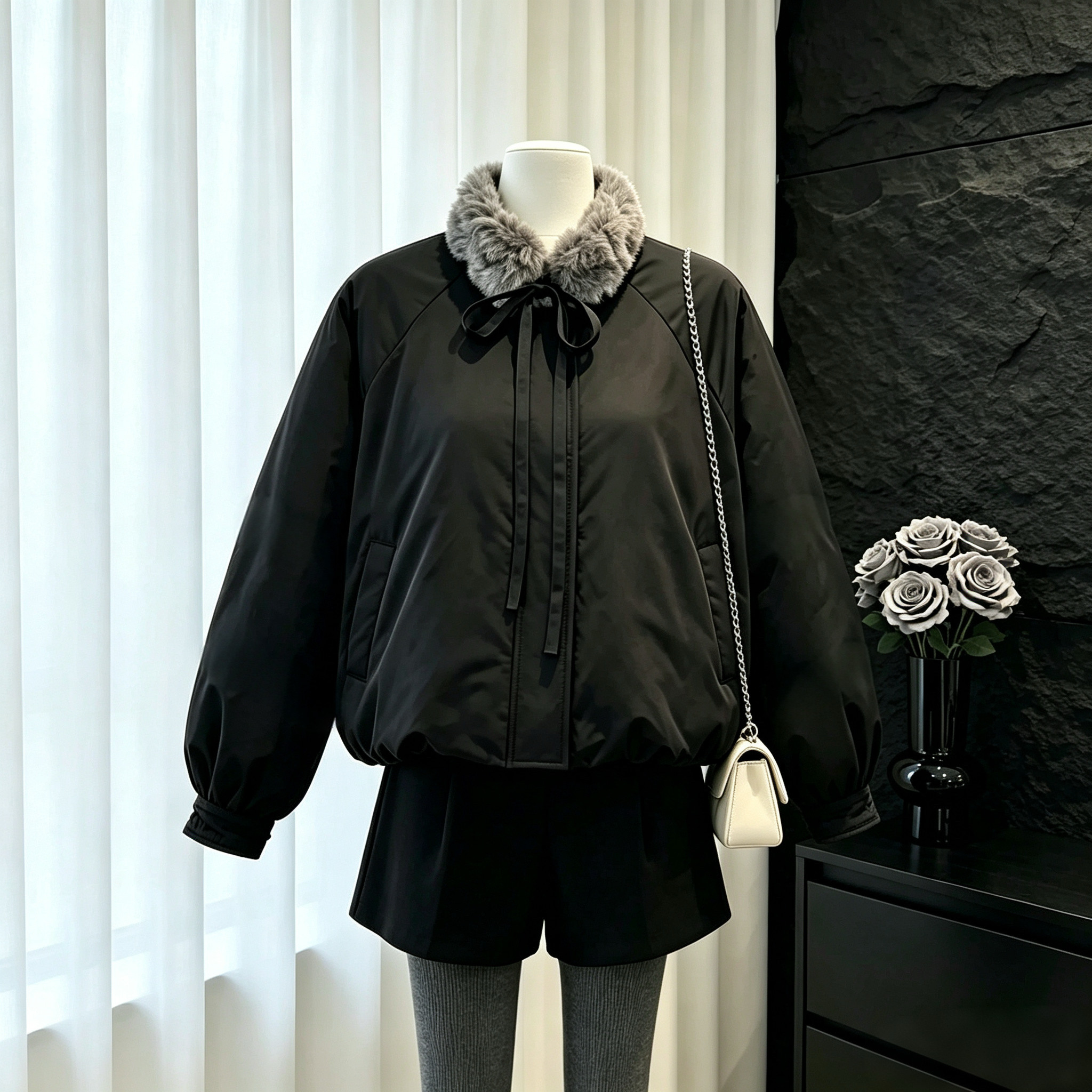 NEW EMPIRE25冬季新款设计感小众上衣毛领加厚黑色花苞棉服外套女