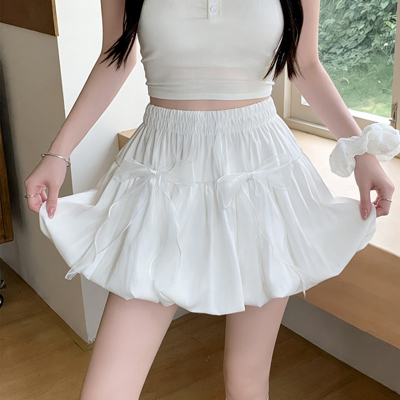 云朵蝴蝶结半身裙女夏季灯笼蓬蓬裙a字显瘦白色短裙子灯笼裙