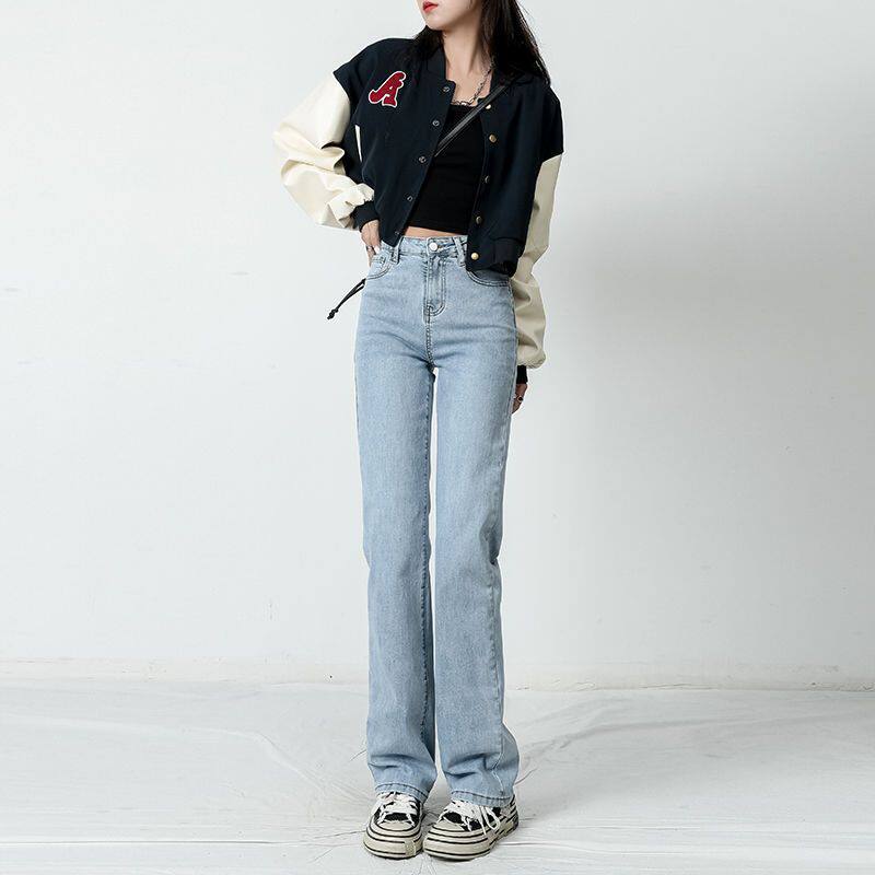 女春季拖地显瘦高腰版直筒烟管牛仔裤小个子窄裤子蓝色2025加长