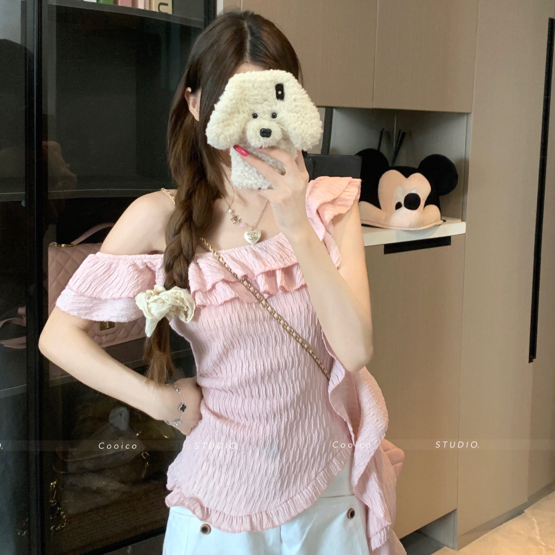 实拍 韩系甜美荷叶边斜肩一字领T恤女不规则飘带减龄显瘦上衣