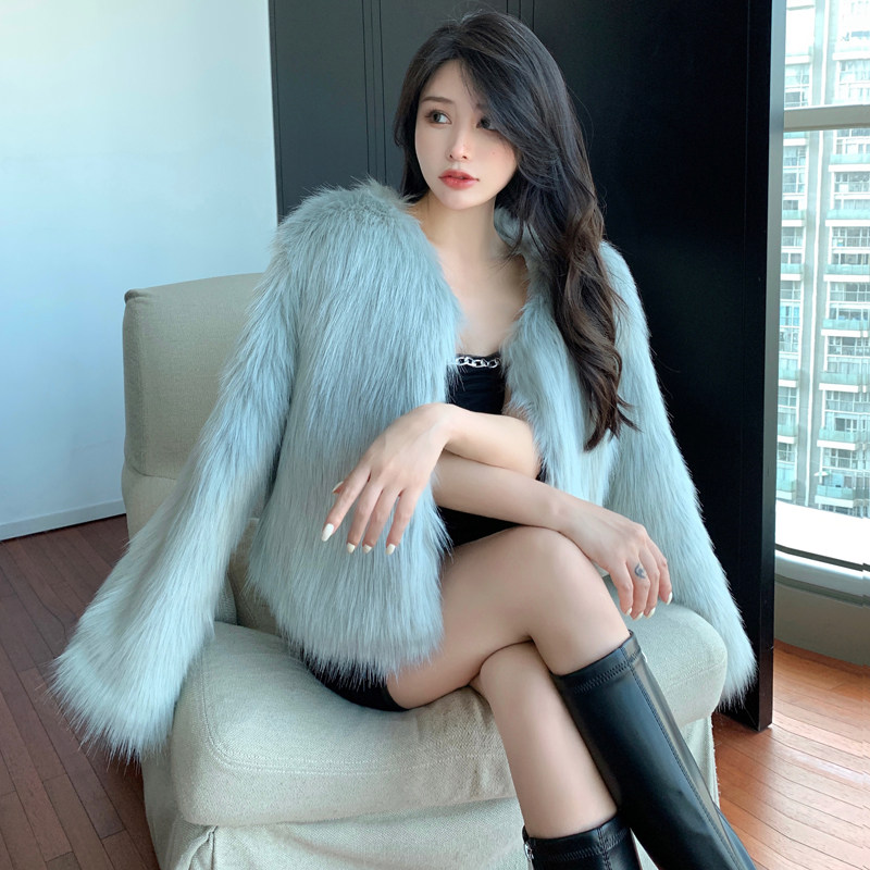 轻奢短款仿皮草外套女 V领宽松小个子狐狸毛毛毛上衣秋冬