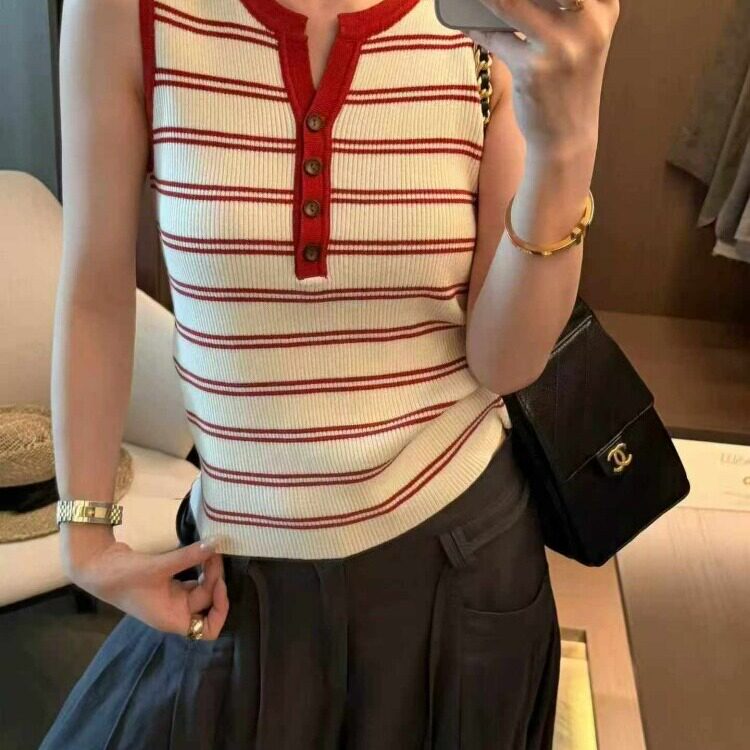 冰丝V领撞色条纹显瘦背心女