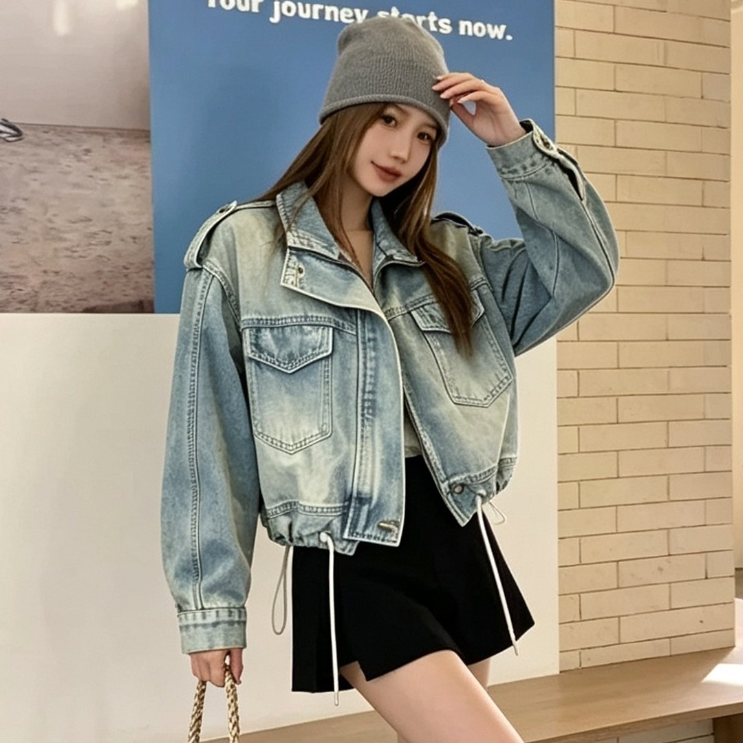 美式复古机车风牛仔外套女秋冬新款宽松拉链工装短款夹克百搭潮流