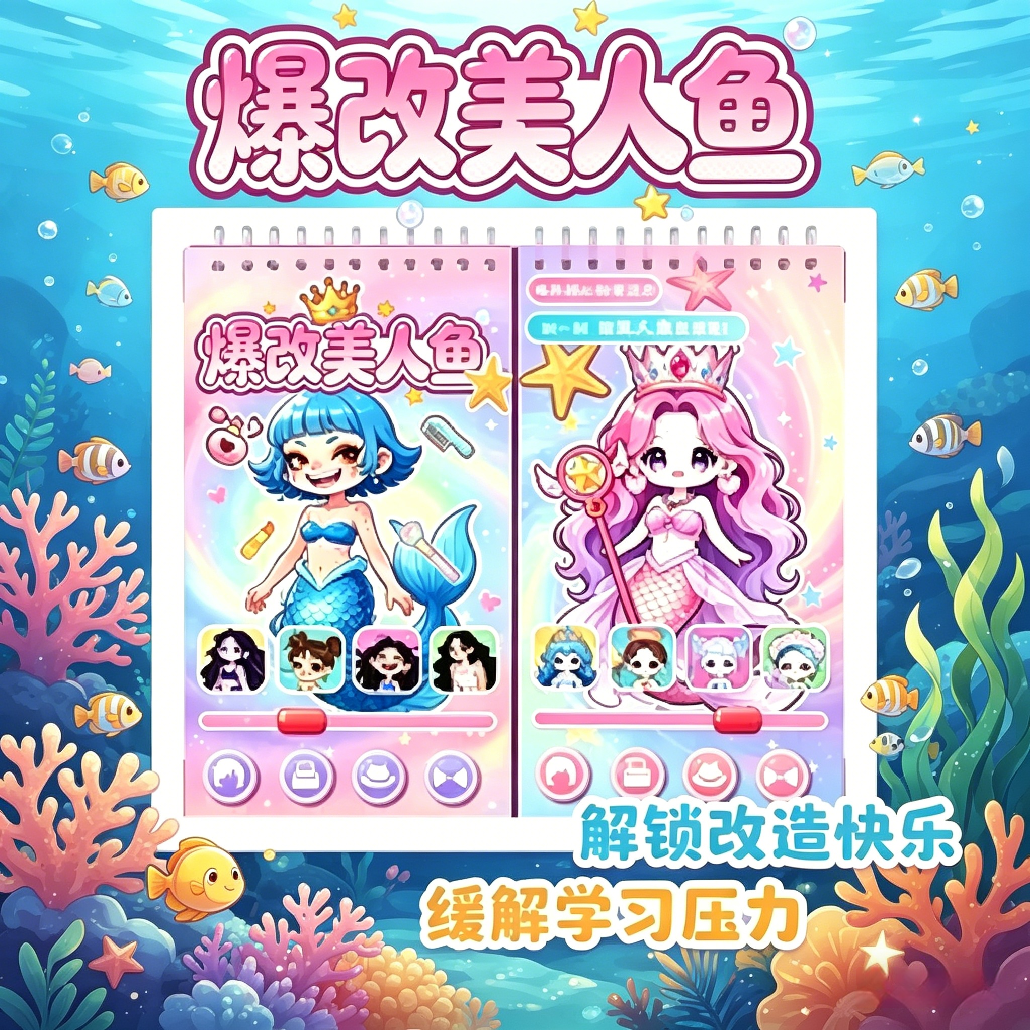 爆改美人鱼刮画贴纸本儿童线圈本涂色换装贴画手工diy安静书女孩